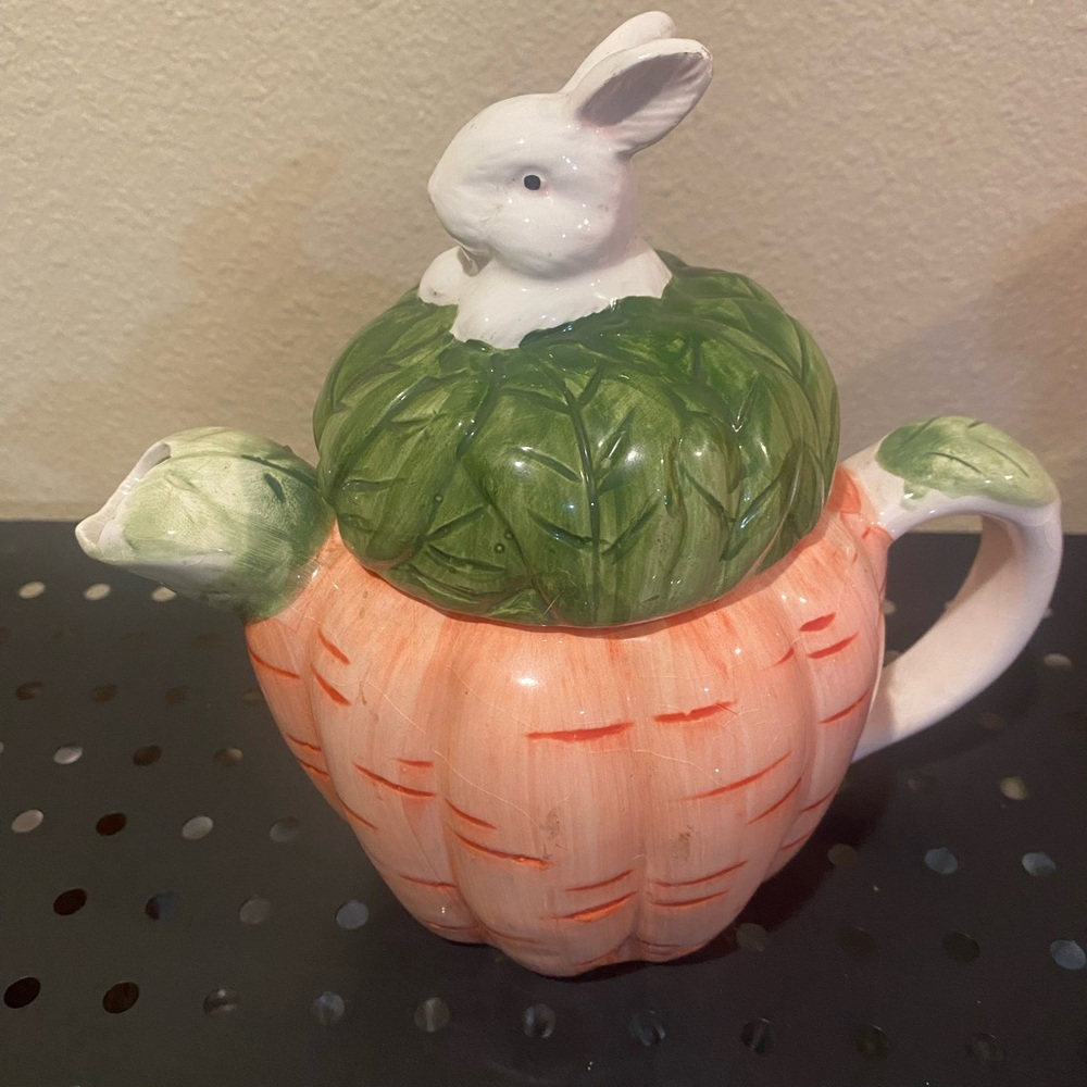 Whimsical Bunny Ceramic Teapot with Green and Orange Design